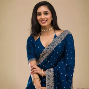 Royal Teal Embroidered Festive Saree with Gold Border