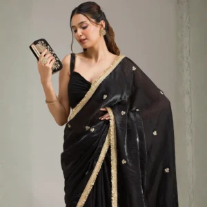 Black Festive Saree with Gold Border & Delicate Buti Work